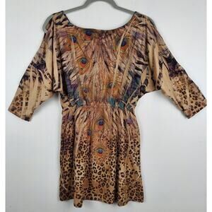 ICON Womens SMALL Peacock Animal Print Soft Tunic Mini Short Dress Cold Shoulder